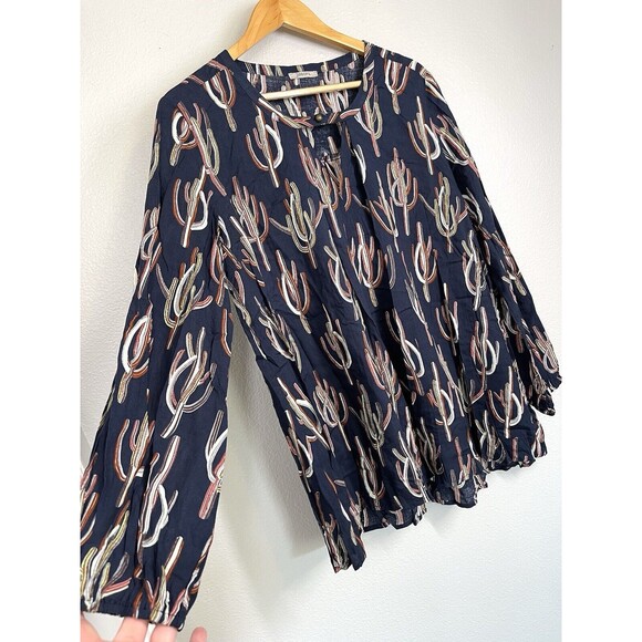 NWOT JODIFL Navy Blue Cactus Long Sleeve Western Tunic Blouse Sz M Southwest Top - Picture 3 of 10